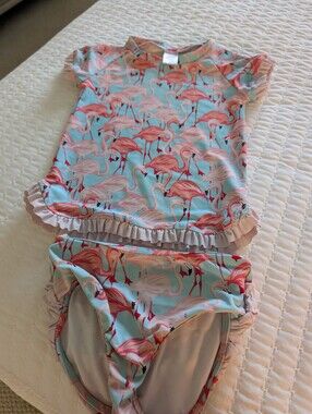 Ruffle Butts Pink Flamingo Print Girls Rashguard Set - Light Blue & Pink